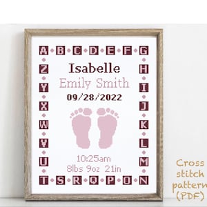 Geboortekaartje baby modern kruissteekpatroon, jongen meisje kinderkamer inrichting geteld kruissteekkaart, babyshower cadeau DIY, digitale pdf