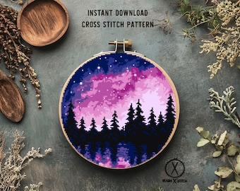Starry Forest Cross Stitch Pattern, Modern Landscape Embroidery (PDF Pattern)