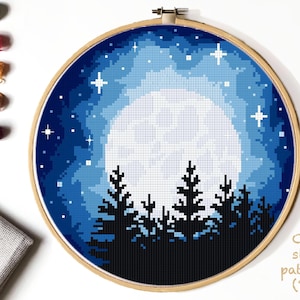 Landscape  Cross Stitch Pattern, nature counted cross stitch chart, moon, starry sky,, forest , round, embroidery, INSTANT DOWNLOAD PDF