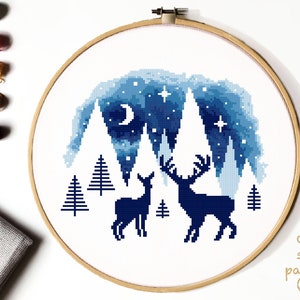 Deer Cross Stitch Pattern, landscape counted cross stitch chart, mountain, moon,  starry sky, embroidery, INSTANT DOWNLOAD PDF