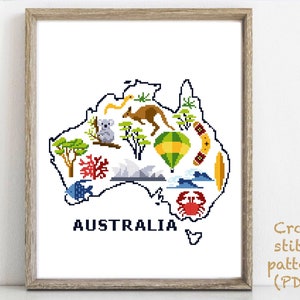 Patrón de punto de cruz moderno con silueta de Australia, gráfico de punto de cruz fácil de contar, país, arte de bastidor, descarga instantánea en PDF