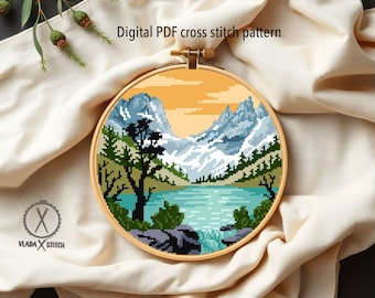 Rocky Mountain national park Modern Cross Stitch Pattern, landscape, instant PDF