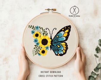 Butterfly Sunflower Cross Stitch Pattern, Floral Embroidery Design (PDF Download), Modern Needlepoint Art