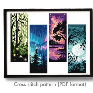 Conjunto de 4 marcadores de página Padrão de ponto cruz moderno, paisagem, download instantâneo em PDF