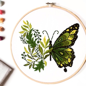 Floral Modern Cross Stitch Pattern, flower butterfly  counted cross stitch chart, nature, hoop embroidery, Instant download PDF