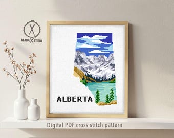 Alberta Canada Map Cross Stitch Pattern, Mountain Landscape DIY Needlepoint (PDF Pattern)