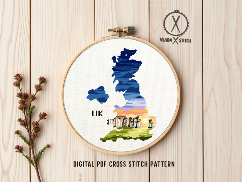 UK Map Cross Stitch Pattern, Stonehenge Landscape, Britain Silhouette (PDF Pattern) image 6