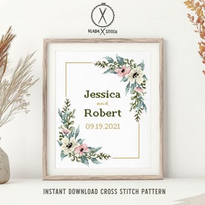 Patrón de punto de cruz para bodas, corona floral personalizada, aniversario, regalo de boda DIY, PDF digital imagen 4