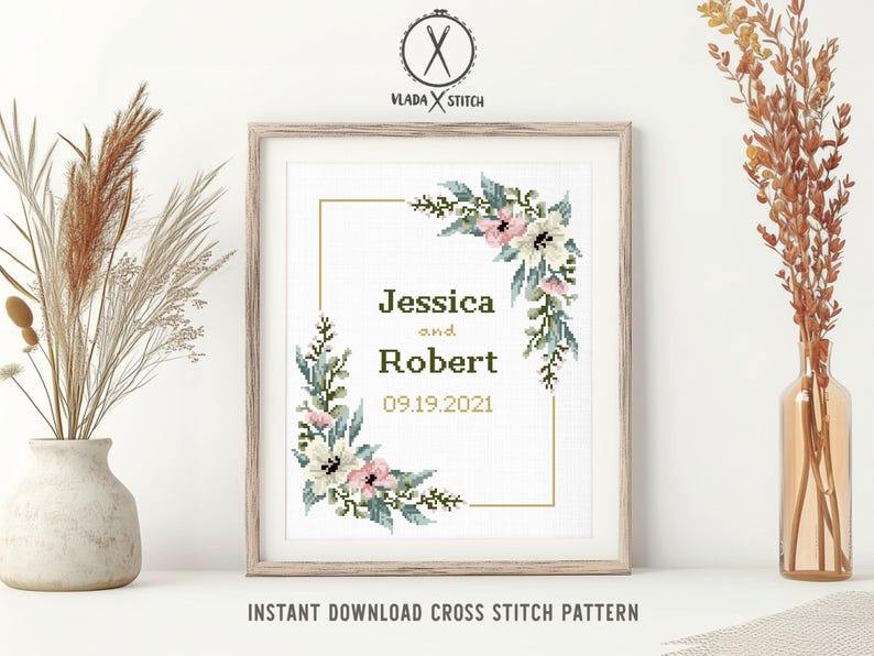 Patrón de punto de cruz para bodas, corona floral personalizada, aniversario, regalo de boda DIY, PDF digital imagen 4