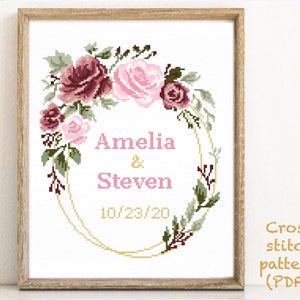 Wedding modern cross stitch pattern, personalized, customized, floral, wreath, counted, love, anniversary, wedding gift DIY, digital PDF