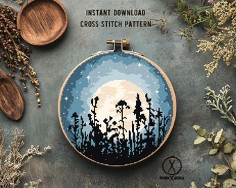 Starry Night Landscape Cross Stitch Pattern, Modern Nature Embroidery (PDF Pattern)