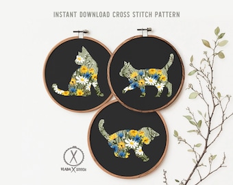Set of 3 silhouettes cats Modern Cross Stitch Pattern, flowers, instant download PDF