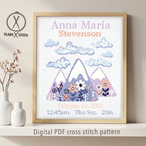 Baby birth announcement modern cross stitch pattern, boy girl nursery decor counted cross stitch chart, baby shower gift DIY, digital PDF