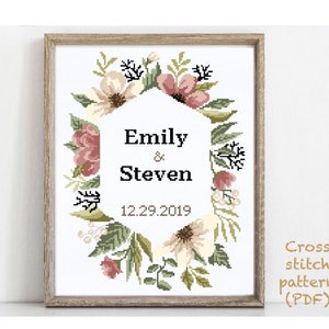 Wedding modern cross stitch pattern, personalized counted cross stitch chart, love, anniversary, wedding gift DIY, digital PDF 画像 1