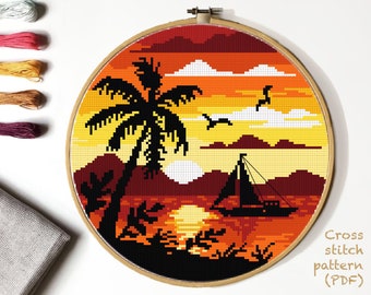 Modern nature cross stitch pattern, landscape, sea, beach, palm, watercolor, ocean, ship, sunset, INSTANT DOWNLOAD PDF