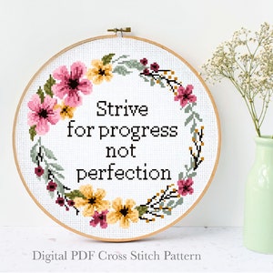 Quote Modern Cross Stitch Pattern, flower wreath counted cross stitch chart, nature,  hoop embroidery, Instant download PDF