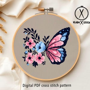 Butterfly and Flowers Cross Stitch Pattern, Modern Floral Embroidery Design (PDF Download) image 8