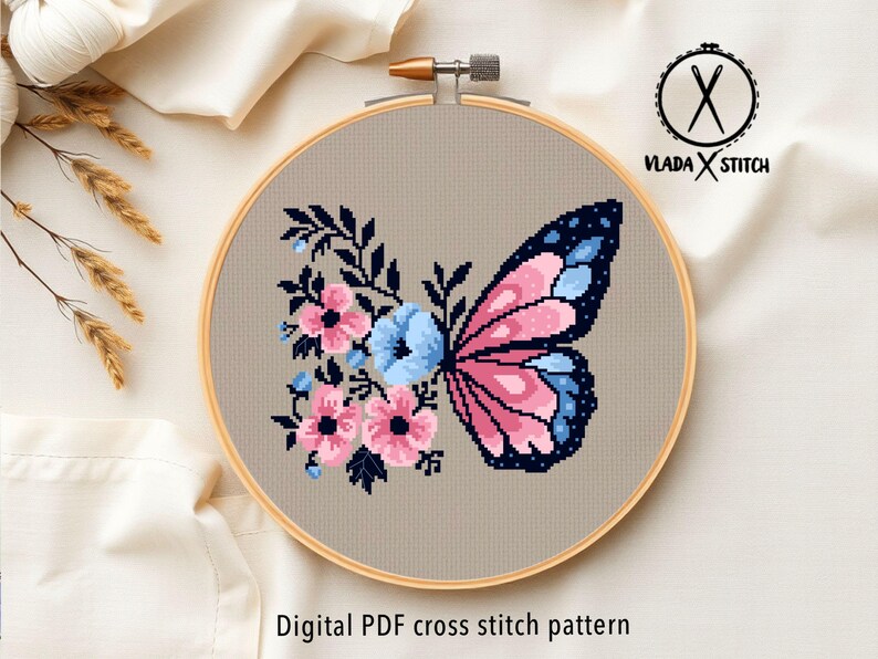 Butterfly and Flowers Cross Stitch Pattern, Modern Floral Embroidery Design (PDF Download) image 8