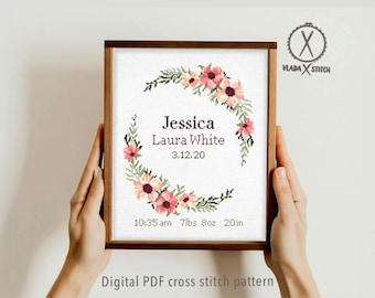 Floral Birth Announcement Cross Stitch Pattern, Personalized DIY (Digital PDF)