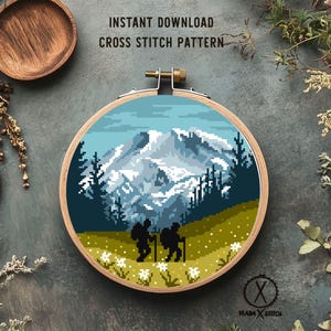 Mount Rainier national park Modern Cross Stitch Pattern, nature, mountains, forest, instant PDF