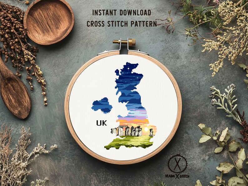 UK Map Cross Stitch Pattern, Stonehenge Landscape, Britain Silhouette (PDF Pattern) image 4