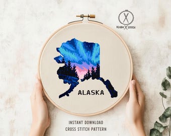 Alaska Northern Lights Cross Stitch Pattern, State Map, DIY Embroidery Design (Digital Download)