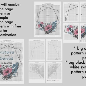 May include: A cross stitch pattern set featuring a geometric frame with pink and blue floral accents. The text includes 'Victoria and Daniel 10.12.2018'. The set contains a one-page example, a customizable page, and four-page color and symbol charts.