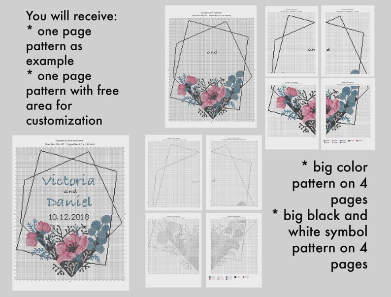 May include: A cross stitch pattern set featuring a geometric frame with pink and blue floral accents. The text includes 'Victoria and Daniel 10.12.2018'. The set contains a one-page example, a customizable page, and four-page color and symbol charts.