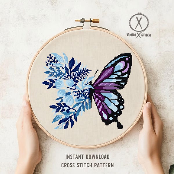 Butterfly Floral Cross Stitch Pattern, Modern Half Flower Insect Embroidery Design (Digital Download)