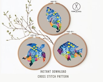 Sea Turtle, Fish, Shell Cross Stitch Pattern, Ocean Animals (PDF Pattern)