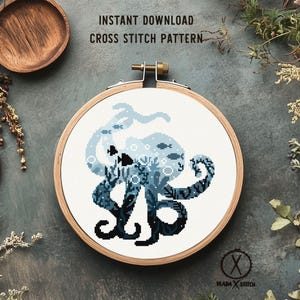 Patrón de punto de cruz de pulpo, animales del océano, vida marina, diseño de bordado moderno (descarga digital)