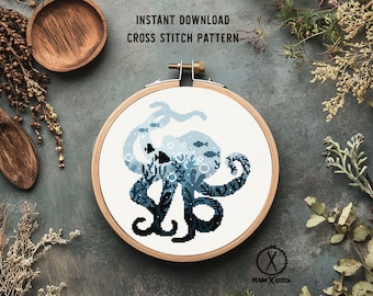 Octopus Cross Stitch Pattern, Ocean Animals, Sea Life, Modern Embroidery Design (Digital Download)