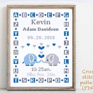 Geboortekaartje modern kruissteekpatroon, baby, gepersonaliseerd, inrichting kinderkamer jongen, meisje, geteld, grafiek, cadeau DIY, digitale pdf