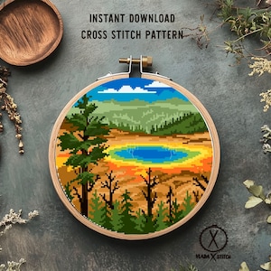 Yellowstone national park Modern Cross Stitch Pattern, nature counted cross stitch chart,landscape, mountains, forest, hoop art, instant PDF