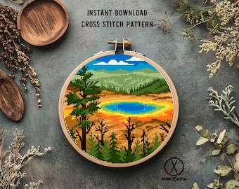 Yellowstone national park Modern Cross Stitch Pattern,,landscape, instant PDF