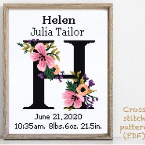 Birth announcement modern cross stitch pattern, letter H, baby, personalized, girl nursery decor, counted, chart, gift DIY, digital PDF