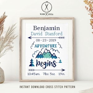 Baby birth announcement modern cross stitch pattern, boy girl nursery decor counted cross stitch chart, baby shower gift DIY, digital PDF