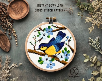 Bird Cross Stitch Pattern, Blue Yellow Bird Floral Hoop Art (PDF Download)