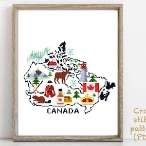 Patrón de punto de cruz moderno con silueta de Canadá, gráfico de punto de cruz fácil de contar, país, arte de aro, descarga instantánea en PDF