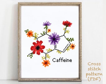 Caffeine molecule floral cross stitch pattern modern, easy, flower, kitchen, food, drink, science, chart, instant download PDF