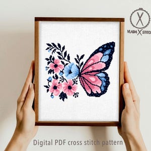 Butterfly and Flowers Cross Stitch Pattern, Modern Floral Embroidery Design (PDF Download) image 6