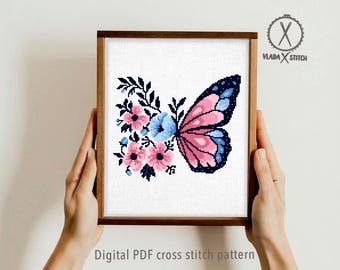 花と蝶 蝶と花のクロスステッチパターン、モダンな花柄刺繍デザイン（PDF