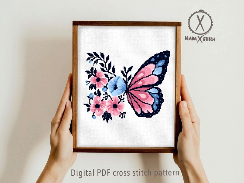 Butterfly and Flowers Cross Stitch Pattern, Modern Floral Embroidery Design (PDF Download) image 6