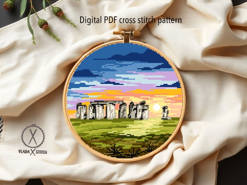 Stonehedge United Kingdom Cross Stitch Pattern, country, nature, easy counted chart, instant download PD image 2