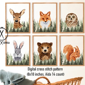 Set of 6  animals modern Cross Stitch Pattern, bear, deer, fox, rabbit, squirrel, nature, instant PDF