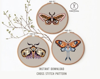 Conjunto de 3 patrones modernos de punto de cruz de polillas, insectos, descarga instantánea en PDF