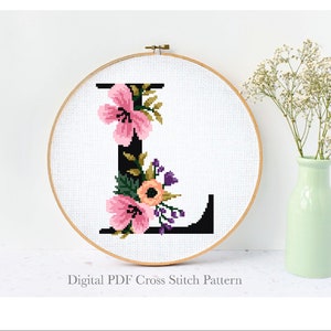 Letter L bloemen modern kruissteekpatroon, bloemen getelde kruissteekkaart, botanisch, natuur, hoepel, pdf direct downloaden