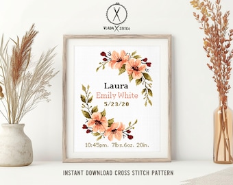 Patrón personalizable de punto de cruz para anunciar el nacimiento de un bebé, decoración floral para la habitación del bebé (descarga en PDF)
