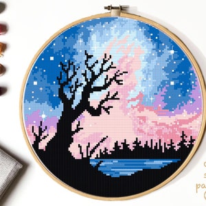 Landscape Modern Cross Stitch Pattern, forest counted cross stitch chart, river, starry sky cross stitch,  hoop art, embroidery, instant PDF