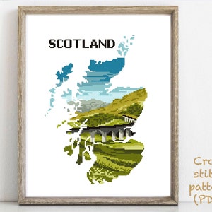 Scotland silhouette Modern Cross Stitch Pattern, country, nature easy counted cross stitch chart, mountain,  hoop art, instant download PDF